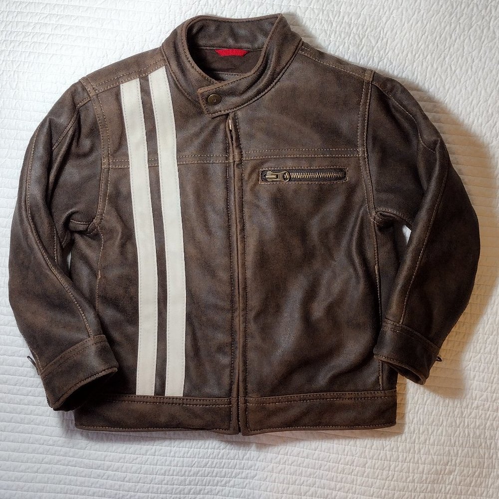 Gap Boys' Sz 4-5 Soft Faux Leather Bomber Jacket Coat Quilted Brown white stripe
